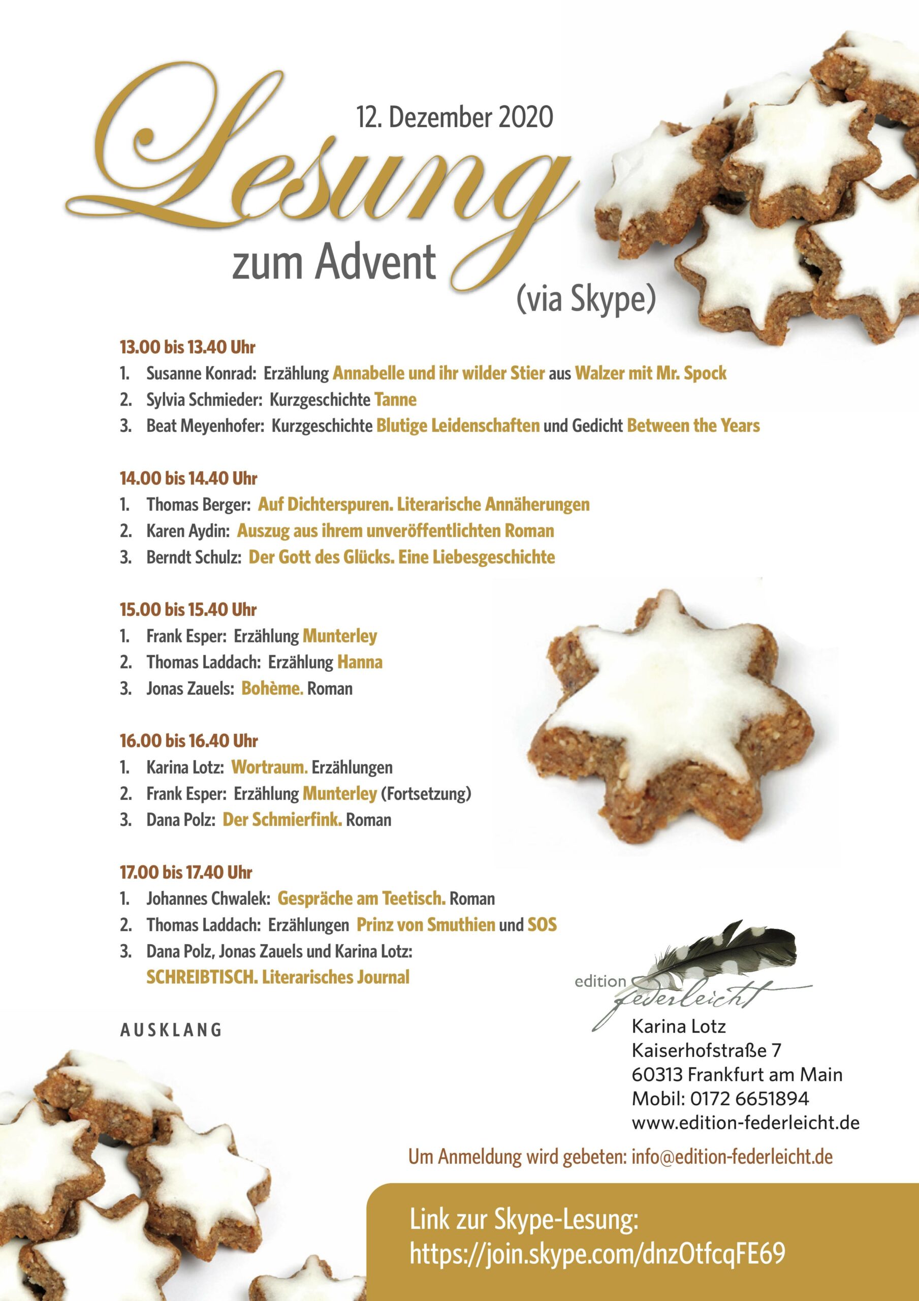 Lesung zum Advent - Zwölf Autorinnen und Autoren lesen Veröffentlichtes und Unveröffentlichtes - DIGTIAL