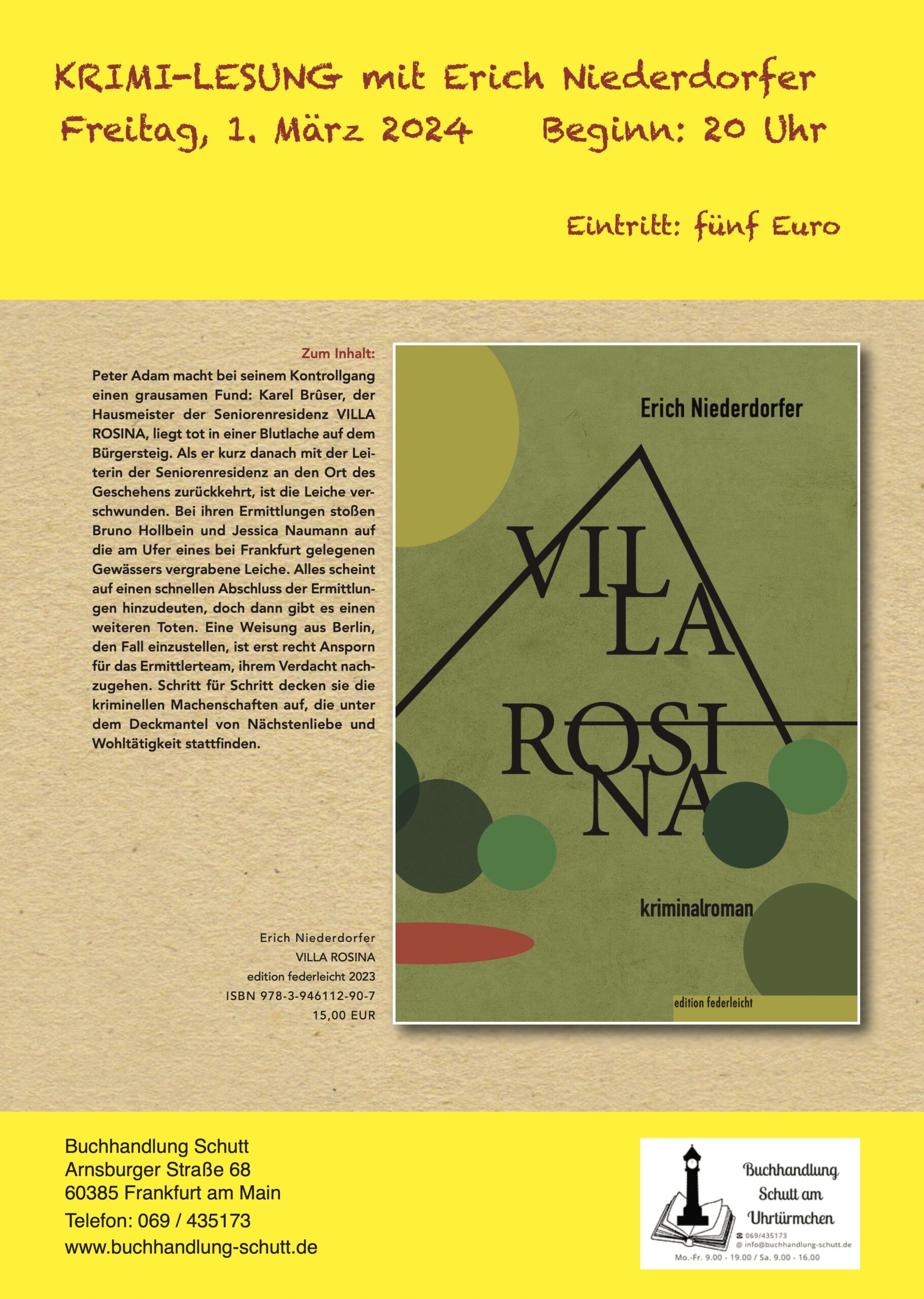 Erich Niederdorfer liest aus Villa Rosina in der Buchhandlung Schutt